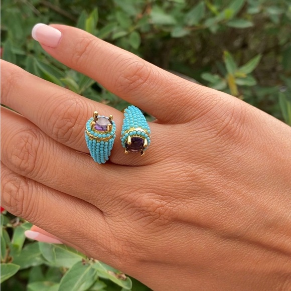 Turquoise and Gold Beaded Women's Ring - Picture 3 of 3